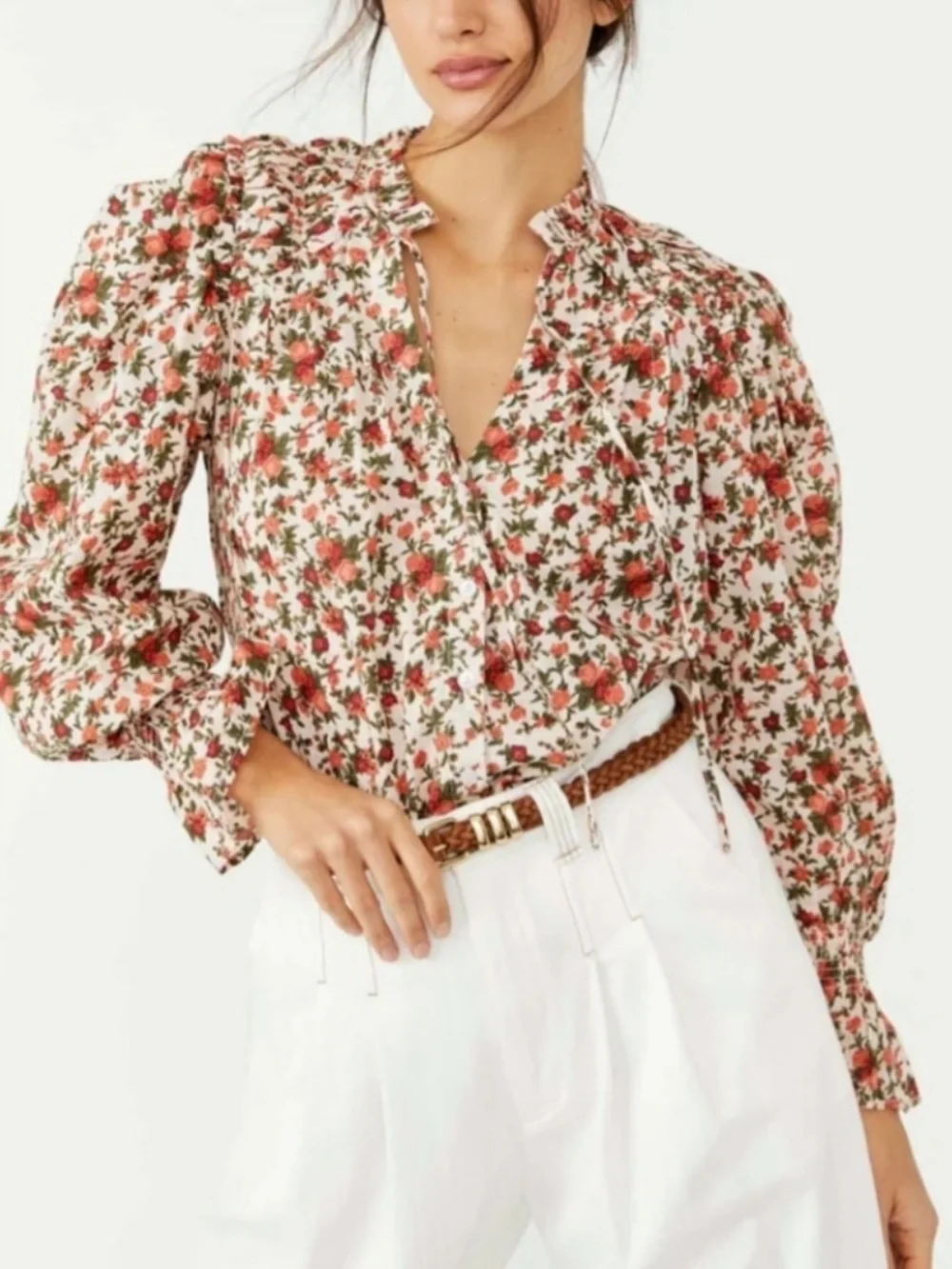 Free People Meant To Be Ditsy Floral Vintage Combo Boho Puff Sleeve Blouse sz XS